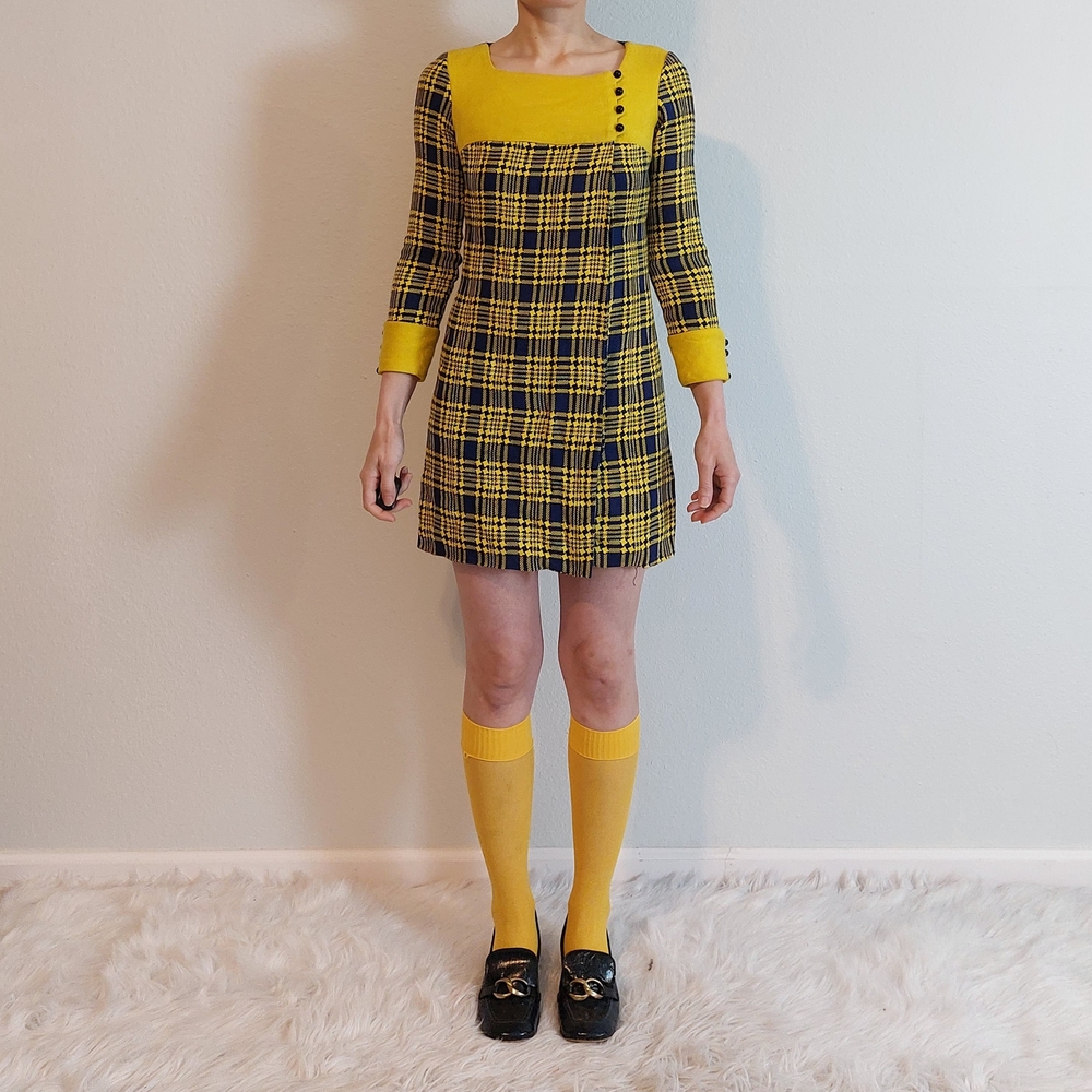 Vintage Bourbon Street Originals Yellow X Navy Houndstooth Mini Dress Size XS